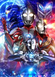  5boys alien arm_up armor artist_name black_skin blue_cape blue_eyes blue_skin cape chest_guard clenched_hands color_timer colored_skin commentary compound_eyes crystal dorsal_fin earth_(planet) english_text eye_slugger forehead_jewel from_side giant giant_male glint glowing glowing_eyes glowing_mouth hands_on_own_chest highres in-franchise_crossover looking_ahead looking_at_viewer looking_up male_focus mephilas_seijin multicolored_skin multiple_boys no_pupils omega_slugger open_hand pectorals planet purple_skin reaching red_mask red_skin shoulder_armor signature silver_skin tokusatsu toned toned_male ultra_galaxy_(series) ultra_series ultraman ultraman_(1st_series) ultraman_omega ultraman_omega_(series) ultraman_tiga ultraman_tiga_(multi_type) ultraman_tiga_(series) ultraman_z ultraman_z_(original) ultraman_z_(series) ultraman_zero ultrataku white_eyes wrinkled_skin yellow_eyes 