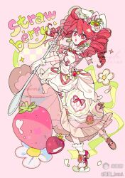  1girl :o ahoge bare_shoulders bonnet bow bowtie detached_sleeves dress dress_ribbon drill_hair earrings english_text fine_(futagohime) flower flower_earrings food food-themed_clothes food-themed_footwear food_print frilled_dress frills fruit fruit_print full_body fushigiboshi_no_futago_hime gloves green_ribbon hair_between_eyes hat hat_flower highres holding holding_spoon hoop_earrings humi_humi jewelry long_dress long_hair mary_janes mihuashi_logo multicolored_shoes oversized_food oversized_object oversized_spoon pink_background pink_bow pink_bowtie pink_dress pink_ribbon pink_shoes puffy_detached_sleeves puffy_short_sleeves puffy_sleeves red_eyes red_hair red_shoes ribbon shoes short_sleeves socks solo spoon standing standing_on_one_leg strawberry strawberry_blossoms strawberry_brooch strawberry_hat_ornament strawberry_print tiara tiptoes twin_drills two-tone_dress two-tone_shoes whipped_cream white_bonnet white_dress white_flower white_gloves white_socks 