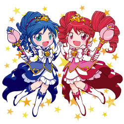  2girls :d adapted_costume alternate_footwear aqua_eyes blue_boots blue_dress blue_trim blush boots bow chest_bow colored_shoe_soles commentary compact_(cosmetics) cosmetics dated dress drill_hair earrings elbow_gloves fine_(eternal_solar_princess)_(futagohime) fine_(futagohime) flower_wand frilled_dress frilled_sleeves frills full_body fushigiboshi_no_futago_hime gloves gold_earrings gold_tiara gold_trim hair_between_eyes hair_ornament hand_up high_collar holding holding_hands holding_wand jewelry knee_boots knees_together_feet_apart layered_dress long_hair looking_at_viewer magical_girl medium_dress multicolored_boots multicolored_dress multiple_girls no_ahoge no_nose open_mouth outstretched_arm pink_dress pink_eyes raised_eyebrows red_boots red_hair red_trim rein_(eternal_solar_princess)_(futagohime) rein_(futagohime) ringlets siblings side-by-side signature sisters smile star_(symbol) star_earrings star_hair_ornament star_symbol_background sumine_chie sunny_luce sunny_rod supportasse tiara twin_drills twins two-tone_boots two-tone_dress wand white_background white_boots white_bow white_gloves 