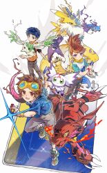  2boys 2girls absurdres blue_eyes blue_hair blue_hoodie brown_hair brown_pants chinese_commentary commentary_request culumon d-ark detached_sleeves diffraction_spikes digimon digimon_(creature) digimon_tamers digivice dinosaur furry furry_female goggles goggles_on_head green_eyes grey_pants guilmon halftone highres hood hood_down hoodie looking_at_viewer makino_ruki matsuda_takato multiple_boys multiple_girls orange_vest pants pink_eyes raglan_sleeves renamon terriermon vest violet_eyes xue_ezi yellow_eyes yin_yang 
