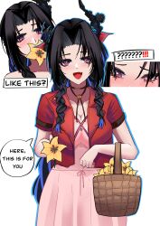  1girl absurdres aerith_gainsborough aerith_gainsborough_(cosplay) asymmetrical_horns black_hair black_horns blue_hair breasts colored_inner_hair cosplay cropped_jacket demon_horns dress flower_basket hair_ornament highres hololive hololive_english horns jacket large_breasts long_hair looking_at_viewer mole mole_under_eye multicolored_hair nerissa_ravencroft pink_dress red_eyes red_jacket smile solo two-tone_hair uneven_horns very_long_hair virtual_youtuber yakuyaku 