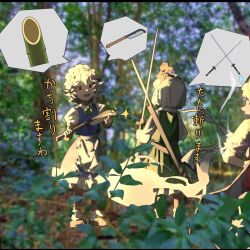  2girls apron bamboo black_hairband blue_skirt blue_vest blurry bow bowtie braid collared_shirt commentary_request dauchimk_1 depth_of_field from_behind green_bow green_bowtie green_skirt green_vest grey_hair hairband highres hitodama holding holding_sword holding_weapon izayoi_sakuya katana konpaku_youmu konpaku_youmu_(ghost) long_hair maid maid_headdress multiple_girls open_mouth photo_background puffy_short_sleeves puffy_sleeves red_eyes shirt short_hair short_sleeves skirt skirt_set smile sparkle spoken_object sword touhou translation_request twin_braids vest waist_apron weapon white_apron white_shirt 