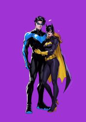  1boy 1girl batgirl batgirl_costume_(2014) batman_(series) batman_symbol belt black_bodysuit black_hair black_mask blue_eyes bodysuit boots breasts cape commentary cowl dc_comics domino_mask english_commentary eye_mask eyelashes facing_another full_body gloves hand_on_another's_stomach high_heel_boots high_heels highres leaning_on_person light_smile long_hair long_legs looking_at_viewer mask medium_breasts mole mole_under_eye multicolored_bodysuit muscular muscular_male nightwing orange_hair purple_background purple_bodysuit purple_cape red_lips short_hair simple_background slim_legs solid_eyes standing standing_on_one_leg superhero_costume two-sided_cape two-sided_fabric utility_belt very_short_hair western_comics_(style) yellow_cape yellow_gloves zzht2535 
