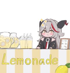  1girl :3 azur_lane bare_shoulders black_dress black_horns black_jacket blush_stickers chibi closed_mouth commentary_request cross cup curled_horns demon_horns dress drink drinking_straw english_text food fruit glass grey_hair hair_between_eyes hair_intakes highres horns ice ice_cube iron_cross jacket jar juice lemon lemon_slice little_aegir_(azur_lane) long_hair long_sleeves looking_at_viewer meme menu_board multicolored_hair namazake off_shoulder open_clothes open_jacket pitcher_(container) red_hair simple_background smile smug solo sparkle streaked_hair two-tone_hair upper_body v-shaped_eyebrows very_long_hair white_background yellow_eyes 
