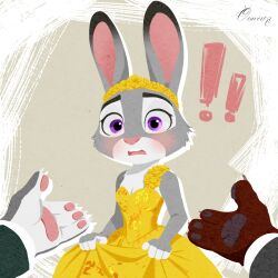  ! !! 1girl 2boys absurdres animal_ears artist_name black_suit blush cat_boy claws dress english_commentary fox_boy furry furry_female furry_male green_suit highres holding_own_dress judy_hopps multiple_boys nick_wilde open_mouth oravert69522 pawbert_lynxley pawpads rabbit_ears rabbit_girl shirt sleeveless sleeveless_dress suit white_shirt yellow_dress zootopia zootopia_2 