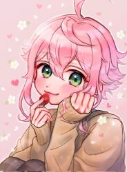  1boy 5g5kcal :3 ahoge blush brown_pants brown_sweater closed_mouth commentary corrupted_twitter_file ensemble_stars! flower food fruit green_eyes hair_between_eyes head_on_hand head_rest heart highres himemiya_tori holding holding_food holding_fruit kneeling looking_at_viewer male_focus outline pants pink_background pink_hair short_hair_with_long_locks sleeves_past_wrists smile solo strawberry sweater untranslatable_commentary white_outline 