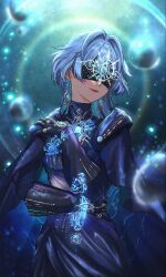 1girl belt black_belt black_sash blindfold blue_cape blue_dress blue_hair bubble cape closed_mouth collared_dress commentary cowboy_shot dress earrings english_commentary fantasea_prophet_(shining_nikki) hair_intakes happy head_tilt highres jewelry kohanai_setsuna light_particles lipstick long_hair long_sleeves makeup nikki_(series) puffy_long_sleeves puffy_sleeves red_lips sash shining_nikki smile solo standing very_long_hair 