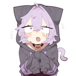  1girl :3 ahoge animal_ears black_choker breasts cat_ears cat_girl cat_tail choker cocomayo29_(tomato) commentary_request dot_nose fang hair_between_eyes hololive hood hoodie korean_commentary long_sleeves looking_at_viewer nekomata_okayu nekomata_okayu_(1st_costume) open_mouth purple_hair simple_background solo tail violet_eyes 