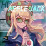  1girl alice_xjy applejack blonde_hair bracelet candy character_name clouds english_text food glasses green_eyes hat highres holding holding_candy holding_food holding_lollipop jewelry lollipop looking_at_viewer my_little_pony my_little_pony_equestria_girls sidelocks sky smile solo 