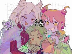  3girls alternate_costume blonde_hair earrings eyeshadow fang green_hair grin hair_ornament hairclip highres hoop_earrings humphrey_(omori) jewelry long_sleeves makeup marina_(omori) medusa_(omori) milkymilkyshark molly_(omori) monster_girl multicolored_hair multiple_girls necklace omori one_eye_closed open_mouth parted_lips pink_hair red_eyes red_eyeshadow red_nails red_sweater ribbed_sweater short_hair siblings sisters skin_fang slime_girl slime_girls_(omori) smile sweater teeth turtleneck turtleneck_sweater white_hair yellow_eyes 