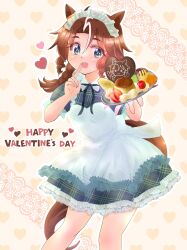  1girl absurdres aged_down animal_ears apron blue_eyes brown_hair candy chocolate collar commentary_request dress english_text food frilled_dress frills fruit hair_between_eyes heart heart-shaped_chocolate heart-shaped_food highres holding holding_food horse_ears horse_girl horse_tail kakeage looking_at_viewer maid maid_apron maid_headdress mejiro_palmer_(umamusume) neck_ribbon open_mouth plaid_clothes pudding ribbon solo tail umamusume valentine 