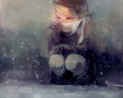  1girl adjusting_scarf ankle_boots bad_id bad_pixiv_id black_boots black_eyes black_hat black_jacket black_skirt blonde_hair blush boots buttons commentary_request covered_mouth double-breasted full_body hair_ornament hairclip half-closed_eyes hat jacket kagamine_rin looking_down looking_to_the_side met-tha miniskirt outdoors pantyhose parallel_hairclips parted_hair peacoat psycho-puzzle scarf scarf_over_mouth short_hair side_part skirt sleeves_past_wrists snowing solo squatting ushanka vocaloid white_pantyhose white_scarf 