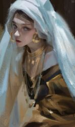  1girl anirrie blue_eyes commentary earrings english_commentary highres hoop_earrings jewelry necklace original red_lips signature solo veil white_veil 