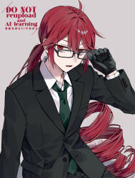  1boy adjusting_eyewear black-framed_eyewear black_gloves black_jacket black_pants buttons collared_shirt commentary_request ctd_114 double-parted_bangs drill_hair glasses gloves green_necktie grey_background hair_between_eyes highres jacket kasane_ted layered_sleeves long_hair long_sleeves looking_at_viewer male_focus necktie open_mouth pants rectangular_eyewear red_eyes red_hair shirt simple_background solo suit upper_body utau watermark white_shirt 