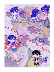  2girls 3boys absurdres all_fours antenna_hair aubrey_(headspace)_(omori) aubrey_(omori) barefoot basil_(headspace)_(omori) basil_(omori) black_eyes black_hair black_socks bow bright_pupils brother_and_sister brothers checkered_blanket chibi closed_eyes closed_mouth double-parted_bangs flower flower_wreath hair_between_eyes hair_bow head_wreath_removed hero_(headspace)_(omori) hero_(omori) highres jigsaw_puzzle kel_(headspace)_(omori) kel_(omori) long_hair long_sleeves lying magnifying_glass mari_(headspace)_(omori) mari_(omori) milkymilkyshark multiple_boys multiple_girls omori omori_(omori) on_stomach open_mouth pajamas pants paper picnic_basket picnic_blanket pink_bow purple_hair puzzle seiza short_hair shorts siblings sidelocks sitting socks standing striped_clothes striped_pajamas striped_pants striped_shorts vertical-striped_clothes vertical-striped_pajamas vertical-striped_pants vertical-striped_shorts violet_eyes white_pajamas white_pants white_pupils white_shorts 