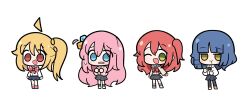  4girls :d black_skirt blonde_hair blue_eyes blue_hair bocchi_the_rock! gotoh_hitori green_eyes highres ijichi_nijika kita_ikuyo malrangdonut multiple_girls one_eye_closed open_mouth pink_hair red_eyes red_hair simple_background skirt smile standing white_background yamada_ryo 