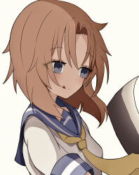  1girl absurdres blue_eyes blue_sailor_collar brown_hair commentary_request eyes_visible_through_hair highres higurashi_no_naku_koro_ni holding holding_weapon nata_(tool) neckerchief nurumayu_nema ryuuguu_rena sailor_collar school_uniform serafuku shirt short_sleeves simple_background smile solo tongue tongue_out weapon white_background white_shirt yellow_neckerchief 