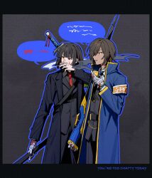  2girls armband bandaged_hand bandages belt black_belt black_border black_coat black_hair black_pants black_vest blood blood_on_bandages blue_coat blue_outline blunt_bangs border brown_eyes brown_hair buttons cigarette coat dark-skinned_female dark_skin e.g.o_(project_moon) english_text feet_out_of_frame gold_trim gun hair_over_one_eye hand_up high_collar highres holding holding_cigarette holding_smoking_pipe holding_weapon lapels limbus_company lobotomy_corporation_(identity)_(project_moon) looking_ahead looking_to_the_side magic_bullet_(e.g.o) multiple_girls necktie notched_lapels open_clothes open_coat orange_armband outis_(project_moon) outline over_shoulder pants parted_lips project_moon red_eyes red_eyes_(e.g.o) red_necktie rifle ryoshu_(project_moon) scar scar_on_cheek scar_on_face scar_on_nose sheath short_hair shoulder_strap sidelocks smoke smoking smoking_pipe sniper_rifle speech_bubble uzr_akira vest watch watch weapon weapon_on_back weapon_over_shoulder wrist_cutter_(e.g.o) 