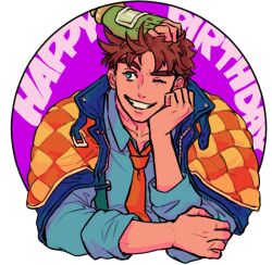  2boys ;) blue_eyes blue_jacket blue_shirt brown_hair caesar_anthonio_zeppeli chuu_ni collared_shirt commentary_request cropped_torso english_text fingerless_gloves gloves green_gloves grin hand_on_own_face happy_birthday head_rest jacket jacket_on_shoulders jojo_no_kimyou_na_bouken joseph_joestar joseph_joestar_(young) looking_to_the_side male_focus multiple_boys necktie one_eye_closed out_of_frame red_necktie shirt sideways_glance simple_background smile solo_focus teeth thick_eyebrows unzipped white_background wing_collar 