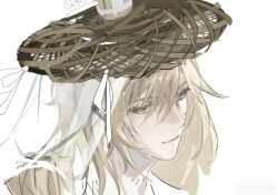  1boy alkaid_mcgrath blonde_hair closed_mouth green_eyes hair_between_eyes hat hat_ribbon headband highres jiuchuansi long_hair looking_at_viewer lovebrush_chronicles male_focus portrait ribbon see-through_clothes see-through_veil sideways_glance simple_background smile solo straw_hat topknot veil weimao white_background white_headband white_ribbon white_veil 