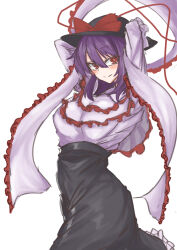  1girl absurdres arms_behind_head black_hat black_skirt blush bow capelet closed_mouth commentary frilled_capelet frilled_shawl frilled_skirt frills hat hat_bow high-waist_skirt highres kuraki long_sleeves looking_at_viewer medium_hair nagae_iku purple_hair red_bow red_eyes shawl simple_background skirt smile solo touhou white_background white_capelet 