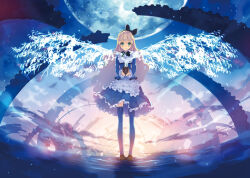  1girl alice's_adventures_in_wonderland alice_(alice_in_wonderland) black_shoes blonde_hair blue_dress blue_thighhighs closed_mouth dress flower_pot full_body full_moon green_eyes holding long_hair looking_at_viewer moon outdoors shoes smile solo standing thigh-highs ueda_ryou wide_sleeves 