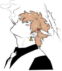  1boy adam's_apple battle_tendency black_shirt blonde_hair caesar_anthonio_zeppeli chuu_ni cigarette collared_shirt commentary_request earrings facial_mark fake_head_wings from_side halo head_back jewelry jojo_no_kimyou_na_bouken looking_to_the_side male_focus necktie parted_bangs piercing portrait profile shirt smoke smoke_trail smoking solo vest white_background 
