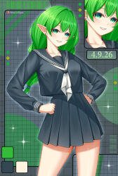  1girl absurdres artist_name black_sailor_collar black_serafuku black_shirt black_skirt braid breasts busty collarbone color_guide commission commissioner_upload cowboy_shot earrings elf euphemy_sylvaine green_eyes green_hair grin hands_on_own_hips highres instagram_logo jewelry large_breasts long_hair long_sleeves looking_at_viewer lori_hagami medium_breasts neckerchief official_art patreon_logo patreon_username pleated_skirt pointy_ears sailor_collar school_uniform serafuku shirt skirt smile solo standing stud_earrings twin_braids twitter_logo username ways_of_darkness_(series) white_neckerchief zoom_layer 