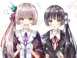  2girls alternate_hairstyle ayaro_(genkiloobaii) black_hair black_jacket black_robe blunt_bangs blunt_ends blush brown_hair buttons clenched_hands collared_shirt commentary double-breasted embarrassed epaulettes eyelashes eyes_visible_through_hair fake_horns fang flying_sweatdrops green_eyes hair_ribbon hands_up heart heaven_burns_red highres hime_cut horns jacket long_hair long_sleeves looking_at_viewer multiple_girls natsume_inori neck_ribbon ogasahara_hisame open_clothes open_mouth open_robe parted_lips puff_of_air purple_ribbon red_ribbon ribbon robe shirt side_ponytail sidelocks simple_background straight_hair sweatdrop tareme tearing_up upper_body v-shaped_eyebrows very_long_hair white_background white_shirt wide_sleeves yellow_eyes 