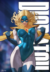  1girl akio_sang amulet artist_name ass_visible_through_thighs blonde_blazer blonde_hair blue_boots blue_eyes blue_gloves blue_leotard blue_mask bodysuit bodysuit_under_clothes boots breasts cape clenched_hands commentary covered_navel cowboy_shot dispatch english_commentary english_text eye_mask eyelashes floating_cape floating_hair gem gloves hands_up head_down highres large_breasts leotard looking_at_viewer mask muscular muscular_female narrow_waist paid_reward_available parted_bangs red_gem short_cape simple_background skin_tight straight-on superhero_costume thick_thighs thigh_boots thigh_gap thighs white_bodysuit yellow_cape 