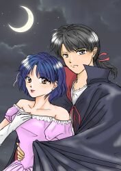  1boy 1girl bare_shoulders black_cape black_eyes black_hair blue_hair brown_eyes cape closed_mouth clouds collarbone crescent_moon dress fang gakogako4452 gloves hand_on_another's_waist hand_on_own_chest hetero highres low_ponytail moon night off_shoulder parted_lips pink_dress ponytail ranma_1/2 red_lips saotome_ranma short_hair smile split_mouth tendou_akane vampire white_gloves 