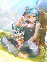  1girl absurdres animal_ears argyle_clothes bag barefoot black_overalls black_pants blue_hair blue_sky bracelet clouds cloudy_sky commission crossed_legs dappled_sunlight fake_animal_ears grass highres jewelry light_rays light_smile long_hair looking_at_viewer on_ground original outdoors overalls pants ring shirt shoulder_bag sitting skeb_commission sky sleeveless sleeveless_shirt solo sunlight suzuri_suzuna toes tree v white_shirt yellow_eyes 
