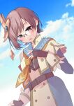  1girl aoko_(myut7287) bangs belt black_belt black_gloves blue_dress blue_sky blush brown_eyes brown_hair brown_jacket chichae_(monster_hunter) clouds cloudy_sky dress fingerless_gloves gloves hand_up highres jacket layered_sleeves long_sleeves monster_hunter_(series) monster_hunter_rise open_mouth outdoors short_over_long_sleeves short_sleeves sky solo sweat twitter_username wavy_mouth 