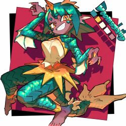  1girl barefoot claws colored_skin dark_skin doomsdaily333 dragon_girl dynamic_pose fins grin highres horns looking_at_viewer looking_down monster_girl original purple_skin red_background scales sharp_teeth short_hair simple_background slit_pupils smile solo tail teeth yellow_eyes 