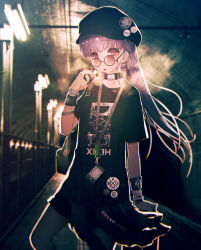  1girl absurdres arm_support backlighting badge bag black-framed_eyewear black_bag black_collar black_shirt black_shorts bloom blurry blurry_background brown-tinted_eyewear brown_eyes button_badge collar crew_neck ear_piercing earrings electronic_cigarette emo_fashion fishnet_pantyhose fishnets floating_hair glasses glint hair_behind_ear highres holding_electronic_cigarette indoors jewelry lipstick long_hair looking_at_viewer makeup multiple_wristbands o-ring_collar original pantyhose photo_background piercing purple_hair red_lips rejoys round_eyewear shirt short_shorts short_sleeves shorts shoulder_bag shoulder_strap smoke solo standing steam tinted_eyewear train_station_platform upturned_eyes vaping 