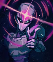  1girl armor aura black_bodysuit bodysuit breastplate commentary cowboy_shot green_eyes highres invincible_(series) pointing pointing_at_viewer powering_up solo space star_(sky) tech_jacket thishumylit zoe_thompson_(invincible) 