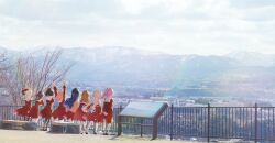  6+girls absurdres ahoge anyoji_hime arms_up bare_tree bench black_hair black_ribbon blonde_hair blue_hair blue_ribbon blunt_ends brown_hair brown_shoes ceras_yanagida_lilienfeld commentary_request day dress from_behind gradient_hair hair_ribbon hasu_no_sora_school_uniform highres hinoshita_kaho ishikawa_prefecture jellyfish_cut kachimachi_kosuzu kanazawa_(city) katsuragi_izumi link!_like!_love_live! long_hair long_sleeves lookout_platform love_live! medium_dress momose_ginko multi-tied_hair multicolored_hair multiple_girls murano_sayaka nanami_naba orange_hair osawa_rurino outdoors photo_background pleated_dress ponytail railing red_dress red_ribbon ribbon sailor_collar sailor_dress school_uniform shoes short_hair standing tree twintails two_side_up utatsuyama_park virtual_youtuber white_hair white_sailor_collar wide_shot winter_uniform 