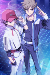  2boys 88_(einnimnech) alternate_costume baseball_cap belt black_gloves black_hair black_jacket black_pants black_shirt blue_oak brown_hair closed_mouth collarbone commentary fingerless_gloves gloves hat headset highres jacket jewelry male_focus multiple_boys necklace open_clothes open_jacket pants pokemon pokemon_champions red_(pokemon) red_hat rotie rotom shirt short_hair single_fingerless_glove spiky_hair white_belt white_jacket white_pants wristband 
