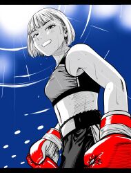  1girl blue_background bob_cut boxing_gloves boxing_shorts breasts commentary_request eyebrows_hidden_by_hair flying_sweatdrops from_below gloves hatching_(texture) highres lee_(dragon_garou) letterboxed light_rays medium_breasts mouth_guard original partially_colored red_gloves short_hair shorts solo sports_bra sweat upper_body very_sweaty 