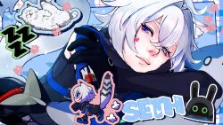  1boy anda_parasol animal_ear_fluff animal_ears bangboo_(zenless_zone_zero) black_gloves cat cat_boy cat_ears cat_tail character_name chibi closed_mouth colored_tips commentary_request crossed_bangs gloves hair_between_eyes heart highres male_focus multicolored_hair police police_uniform policeman seth_lowell tail violet_eyes white_cat white_hair zenless_zone_zero 