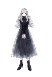  1girl absurdres boots bow clothing_cutout commentary_request dress full_body grey_hair hair_bow high_heel_boots high_heels highres idolmaster long_hair nekozuka_(duka_nkdk) own_hands_together shijou_takane shoulder_cutout smile solo zipper_pull_tab 