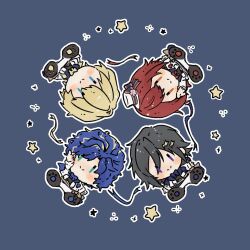  4boys astel_leda black_hair blonde_hair blonde_streaks blue_eyes blue_hair blush blush_stickers bow bowtie chibi chibi_only circle_formation flower green_eyes hanasaki_miyabi hat hat_flower hat_ribbon highres holostars holostars_idol_uniform_(1st_act) kanade_izuru kishido_temma male_focus mini_hat mini_top_hat monorinnn multicolored_hair multiple_boys orange_eyes outline paw_shoes pawpads red_hair ribbon star_(symbol) streaked_hair top_hat upside-down violet_eyes virtual_youtuber white_outline |_| 