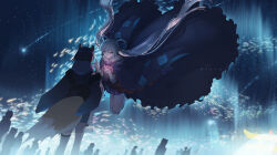  2girls absurdres ahoge animal_ears aurora blue_jacket blue_kimono blue_nails cho_kaguya-hime! closed_mouth commentary_request dutch_angle facing_away fishnet_thighhighs fishnets floating flying_sweatdrops fox_ears fox_tail from_behind hair_rings hand_up hands_up highres hood hood_up hooded_jacket jacket japanese_clothes kimono legs_up long_hair looking_at_another multiple_girls outdoors people purple_hair purple_kimono purple_nails runami_yachiyo sakayori_iroha short_hair single_fishnet_legwear sky smile standing star_(sky) starry_sky tail teardrops_(user_vgvd7733) thigh-highs twintails very_long_hair white_hair 