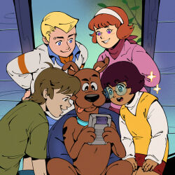  2boys 2girls aged_down animal_collar animal_ears animal_nose ascot bean_bag_chair blonde_hair brown_hair child collar daphne_blake dark-skinned_female dark_skin dog dog_ears english_commentary fred_jones glasses green_shirt grin hand_on_own_hip handheld_game_console highres holding holding_handheld_game_console kneeling long_sleeves medium_hair multiple_boys multiple_girls officeanomaly open_mouth orange_hair pink_shirt purple_scarf red_skirt scarf scooby-doo scooby-doo_(series) shaggy_rogers shirt short_hair skirt smile tan teeth tongue tongue_out upper_teeth_only velma_dinkley vest violet_eyes white_shirt yellow_ascot yellow_vest 