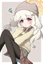  1girl aoba_(blue_archive) aoba_(mom's_touch)_(blue_archive) beanie black_thighhighs blue_archive blush brown_skirt brown_sweater grey_hat hair_ornament hairclip halo hand_on_own_cheek hand_on_own_face hat highres long_hair looking_at_viewer low_twintails official_alternate_costume orange_halo parallel_hairclips plaid_clothes plaid_shirt red_eyes shirt skirt solo sweatdrop sweater thigh-highs twintails ycloudy_96 