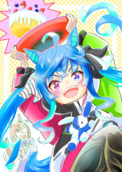  2girls @_@ ahoge animal_ears blue_eyes blue_hair blush bow bowtie brown_hair brown_leggings cake chiffon coat commentary_request crossed_bangs food glasses heterochromia highres holding holding_tray hood hooded_coat hoodie horse_ears horse_girl horse_tail ikuno_dictus_(umamusume) leggings long_hair long_sleeves looking_at_viewer multicolored_coat multicolored_hair multicolored_hoodie multiple_girls open_mouth purple_sailor_collar purple_serafuku purple_shirt purple_skirt round_eyewear sailor_collar sailor_shirt school_uniform serafuku sharp_teeth shirt skirt smile solo_focus stuffed_animal stuffed_rabbit stuffed_toy tail teeth tracen_school_uniform tray twin_turbo_(blast_mode!_turbo_engine)_(umamusume) twin_turbo_(umamusume) twintails umamusume violet_eyes white_bow white_bowtie 