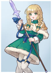  1girl aged_down blue_background border braid capelet commentary_request dress eyelashes fire_emblem fire_emblem:_three_houses fire_emblem_heroes fur-trimmed_dress fur_trim green_dress green_eyes hazuki_(nyorosuke) highres holding holding_polearm holding_weapon ingrid_brandl_galatea ingrid_brandl_galatea_(chivalrous_heart) long_hair looking_at_viewer low-tied_long_hair official_alternate_costume official_alternate_hairstyle open_mouth outside_border over-kneehighs pantyhose polearm simple_background smile solo spear standing thigh-highs twin_braids weapon white_border white_pantyhose white_thighhighs 