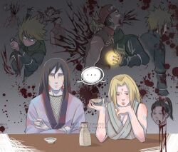  artist_name black_hair blonde_hair blood blue_eyes commentary english_commentary highres kokodrawings kunai murder namikaze_minato naruto_(series) orochimaru_(naruto) rasengan signature spiky_hair tsunade_(naruto) twitter_username weapon 