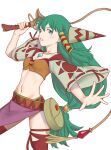  1girl aki_hiro breasts feena_(grandia) grandia grandia_i green_eyes green_hair hair_ornament hair_tubes highres jewelry long_hair looking_at_viewer low-tied_long_hair midriff navel necklace simple_background skirt solo thigh-highs whip white_background wide_sleeves 