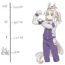  1girl ? ?? ahoge animal_ears bilingual_commentary blue_eyes blue_jacket blue_pants closed_mouth commentary diamond_hairband ear_ornament flexing frown grey_hair hand_on_own_arm heart highres horse_ears horse_girl horse_tail jacket kasamatsu_tracen_training_uniform kiss_meter_(meme) long_hair long_sleeves meme mixed-language_commentary motion_lines norn_ace_(umamusume) oguri_cap_(umamusume) pants ponytail reo_000 simple_background solo standing tail track_jacket track_pants umamusume umamusume:_cinderella_gray white_background 